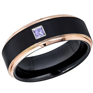 2-Tone Black & Rose Gold Cobalt Wedding Band, 0.05ct - 0.10ctw Princess Cut Tanzanite December Birthstone Ring, Mens Anniversary Band