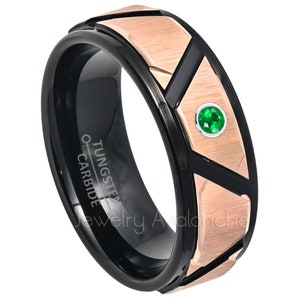 2-Tone Black Tungsten Ring, Mens Emerald Ring, Custom Made Tungsten Birthstone Ring, Comfort Fit Tungsten Wedding Band Multi-Grooved