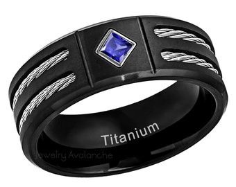 0.05ct - 0.10ctw Princess Cut Blue Sapphire Titanium Ring, Double Cable Accent Black Titanium Mens Wedding Band, Father's Day Gift TM553PD