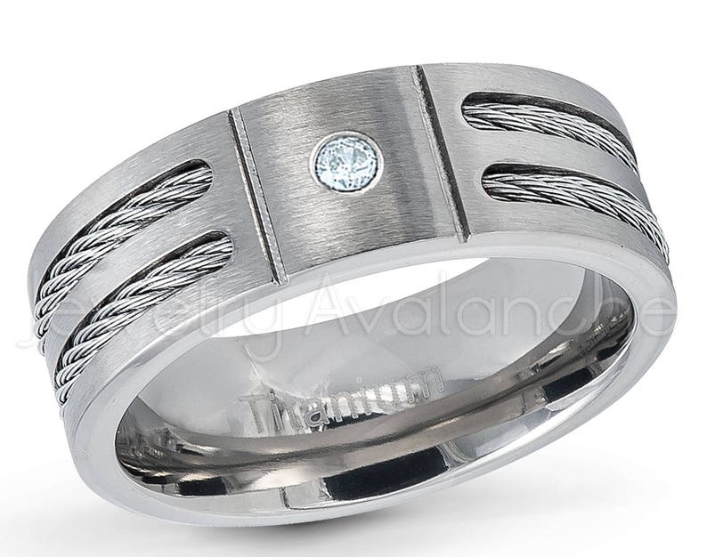 March Birthstone Ring Double Cable Titanium Ring 0.07ct Men/'s Aquamarine Ring Brushed Finish Men/'s Titanium Ring TM761-BS