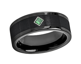 Pipe Cut Black Cobalt Ring 0.10ctw Princess Cut Emerald Cobalt Brushed  Wedding Band, Men&#39;s Cobalt Anniversary Band Comfort Fit