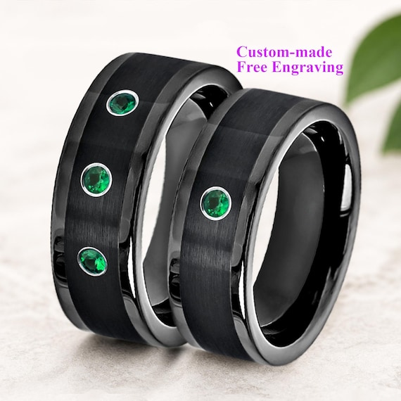 Black Tungsten Pipe Cut Ring with Emerald, Mens Wedding Band, Green Gemstone Ring, Gift for Him