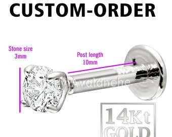 Custom-order: 14K White Gold Labret Stud with 3mm Diamond and 10mm Post Length