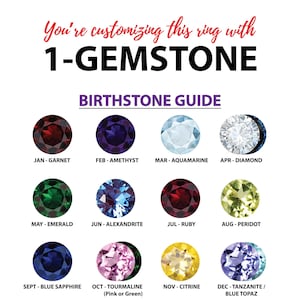 Puede incluir: Una gu&iacute;a de piedras de nacimiento para personalizar un anillo con una gema. Muestra doce piedras circulares facetadas en varios colores, etiquetadas con meses y nombres: Granate, Amatista, Aguamarina, Diamante, Esmeralda, Alejandrita, Rub&iacute;, Peridoto, Zafiro, Turmalina, Citrino, Tanzanita y Topacio azul.