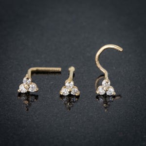 22G massief 14kt gouden neusstekker 0,030 karaat griffenset 3-stenen moissaniet neusring, neusschroef, neusbeenbout, L-vorm neusbout