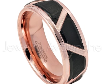 2-Tone Rose Gold Tungsten Wedding Band - Men's Tungsten Carbide Ring, Black IP Center Grooved Accent, Tungsten Anniversary Band TN748PL