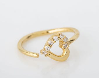 Solid 14K Yellow Gold Heart Nose Ring, 20G Nose Hoop Ring, 8mm Diameter, Half CZ Accented Heart Nose Ring, Cartilage Helix Ring, Tragus Ring