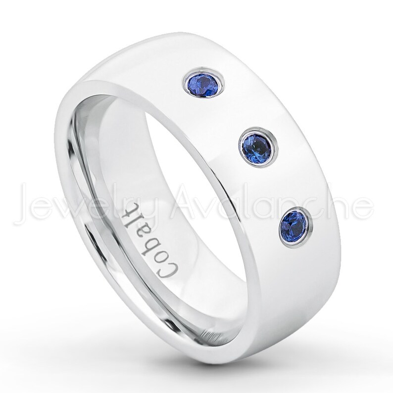 Jewelry Avalanche 8MM Comfort Fit Polished Black Ion Beveled Edge Mens Cobalt Chrome Wedding Band 0.21ctw Black /& White Diamond 3-Stone Cobalt Ring
