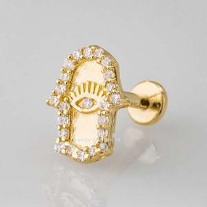 14K Gold Hamsa Hand Labret Stud: CZ Accent Cartilage Piercing, 16G