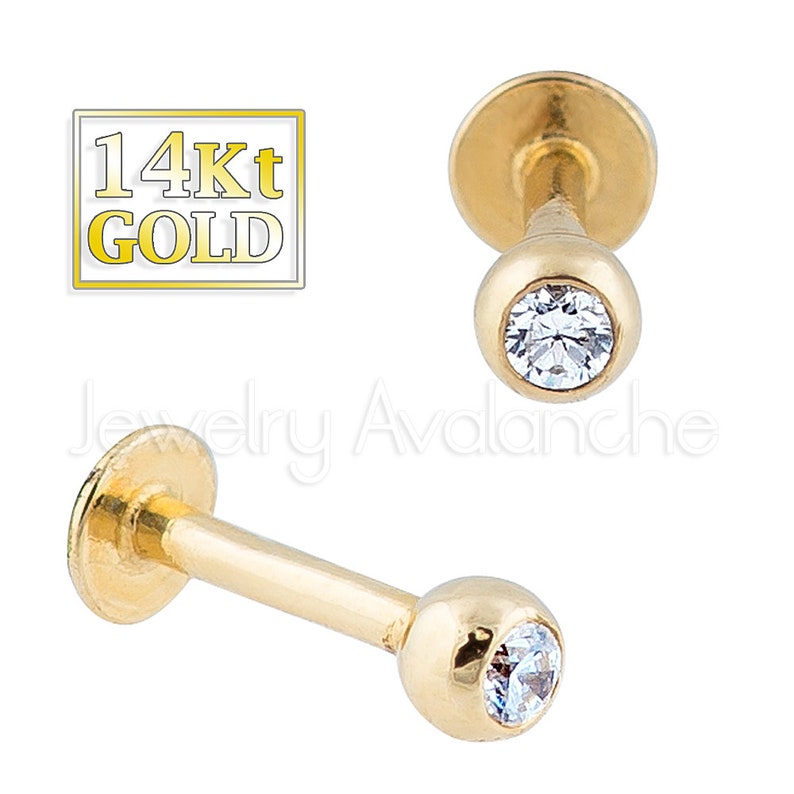 Unisex Tragus Stud Nose Stud 14kt Yellow Gold Labret Stud 16G Monroe Stud w 3MM Ball Sold per piece Lip Ring CZ Accented Lip Piercing