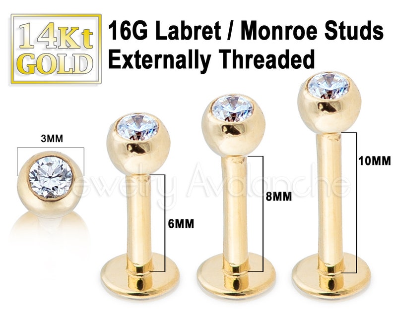 Unisex Tragus Stud Nose Stud 14kt Yellow Gold Labret Stud 16G Monroe Stud w 3MM Ball Sold per piece Lip Ring CZ Accented Lip Piercing