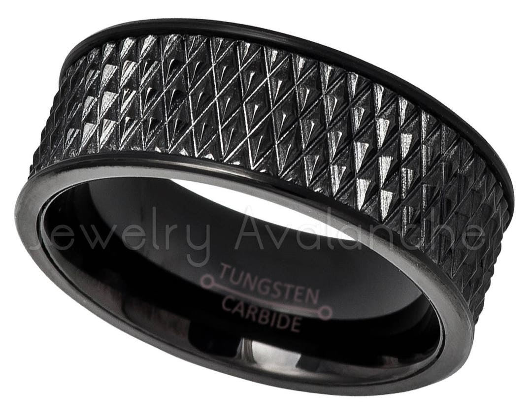 9mm Black Pipe Cut Tungsten Ring, Mens Tungsten Wedding Band, Spikes