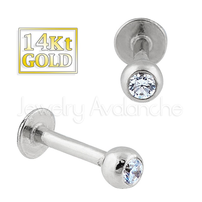 Unisex Tragus Stud Nose Stud 14kt Yellow Gold Labret Stud 16G Monroe Stud w 3MM Ball Sold per piece Lip Ring CZ Accented Lip Piercing