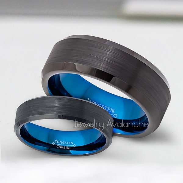 Brushed Finish Black Outside | Blue Inside IP Beveled Edge Tungsten Wedding Band Set, 6mm-8mm Wedding Ring, Bride and Groom Ring - TN905-904