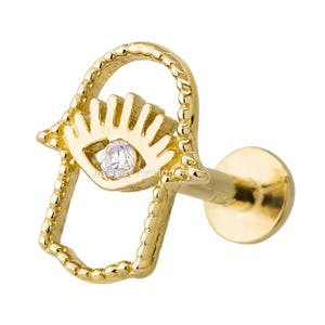 14K Gold Hamsa Hand Labret Stud: CZ Accent, Internally Threaded 16G