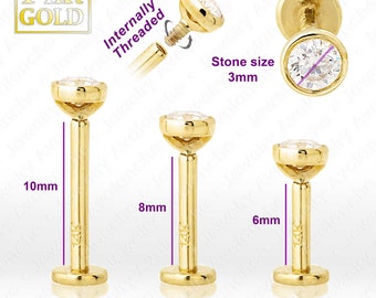 16G 14kt Gold Bezel Set 0.11ctw Moissanite Labret Stud, Monroe Lip Ring, Internally Threaded Nose Stud, Unisex Tragus Stud, Sold per piece