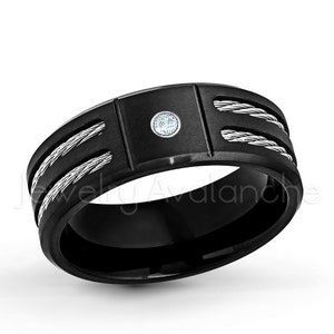 0.07ct Men&#39;s Aquamarine Ring, March Birthstone Ring, Black IP Brushed Finish Men&#39;s Titanium Ring, Double Cable Men&#39;s Ring TM553-1AQM