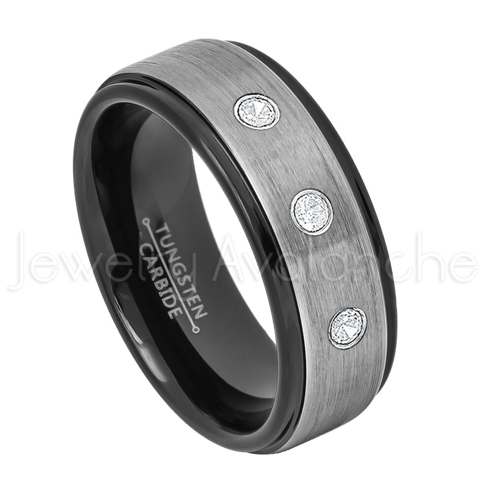 0.21ctw Citrine 3-Stone Tungsten Ring Jewelry Avalanche 8MM Brushed Black IP Stepped Edge Tungsten Carbide Wedding Band November Birthstone Ring
