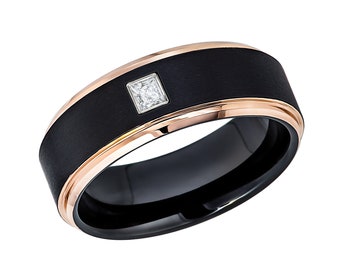 0.05ct - 0.10ctw Princess Cut Diamond Cobalt Ring, 2-Tone Black & Rose Gold April Birthstone Wedding Band, Mens Anniversary Band CN779PPS