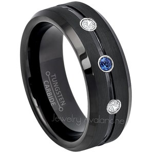 3-Stone Gemstone & Diamond Tungsten Ring, 8mm Beveled Edge Black IP Grooved Center Tungsten Wedding Band, Comfort Fit Tungsten Ring TN211BS