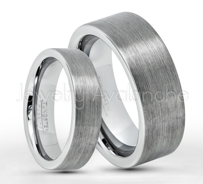 Tungsten Wedding Band Set 6mm 8mm Pipe Cut Tungsten Carbide