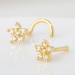 20G Solid 14K Gold Flower Nose Stud CZ Accented Nose Ring, Nose Screw Stud, Nose Bone Stud, L-Shape Nose Stud, Nose Piercing Jewelry Unisex