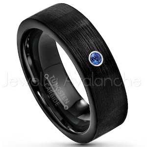 Pipe Cut Black Tungsten Ring, 0.07ct Blue Sapphire Ring, Black IP Tungsten Wedding Band, September Birthstone Ring Comfort Fit Ring TN232BS