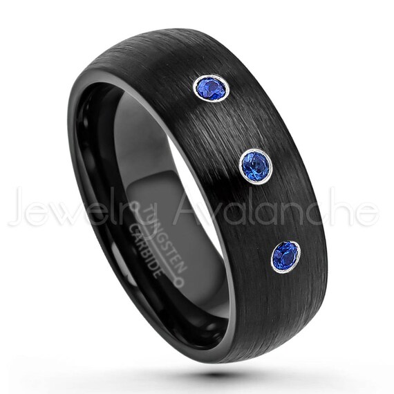 Black Tungsten Ring 0.21ctw Blue Sapphire 3 stone Ring September