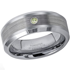 Tungsten August Birthstone Ring, 0.07ct Peridot Solitaire Band, 8mm Brushed Finish Comfort Fit Tungsten Carbide Wedding Band TN002BS