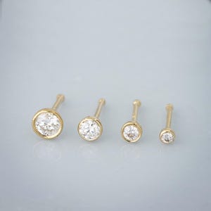 1.5mm-3mm Bezel Set Moissanite Nose Stud, 22G Solid 14K Gold Nose Bone Stud, Ball-end Nostril Stud, Unisex Yellow Gold Stud, White Gold Stud