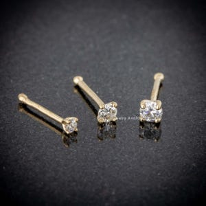 Solid 14K Gold Diamond Ball-end Nose Ring Stud, 22G Nose Bone Stud Prong Set Genuine Diamonds, Unisex Nose Piercing Stud, Diamond Nose Studs