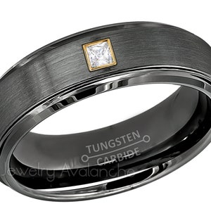 Nach Maß 0.05ct Princess Cut Diamant Wolframring, 6 MM Gunmetall Wolframcarbid Ehering, Wolfram Diamant Ring, Jubiläumsband