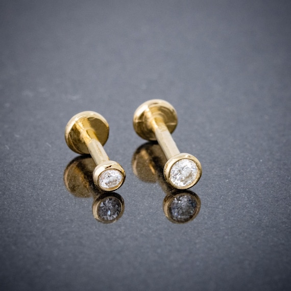 16G 14K Gold Bezel Set Diamond Labret Stud, 6mm-10mm Post Monroe Lip Ring, Internally Threaded, Cartilage Earring, Unisex Tragus Stud