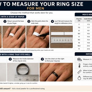 Puede incluir: Una infograf&iacute;a instructiva titulada HOW TO MEASURE YOUR RING SIZE FOR MEN. Muestra dos m&eacute;todos usando tiras de papel y anillos existentes, una regla met&aacute;lica y una tabla de tallas de anillos con di&aacute;metros internos en mil&iacute;metros.