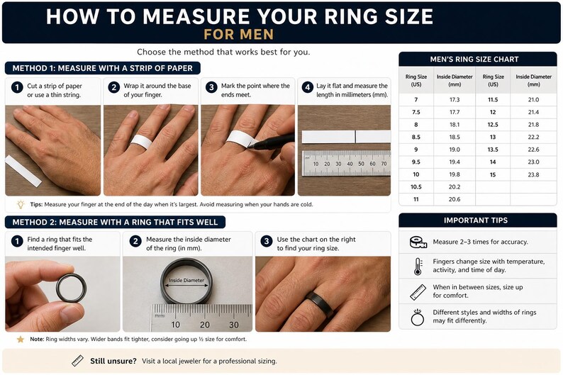 Puede incluir: Una infograf&iacute;a instructiva titulada HOW TO MEASURE YOUR RING SIZE FOR MEN. Muestra dos m&eacute;todos usando tiras de papel y anillos existentes, una regla met&aacute;lica y una tabla de tallas de anillos con di&aacute;metros internos en mil&iacute;metros.