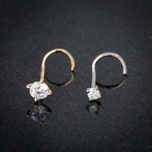 Solid 14kt Gold Moissanite Nose Stud , 22G Nose Screw Stud Prong Set Moissanite Gemstone, 14kt Yellow Gold Stud, 14kt White Gold Stud