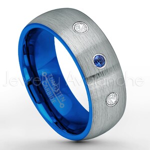 Tweekleurige wolfraamring, blauwe IP Comfort Fit wolfraam trouwring, 0,21 ctw blauwe saffier en diamanten ring met 3 stenen, geboortesteen september TN736BS