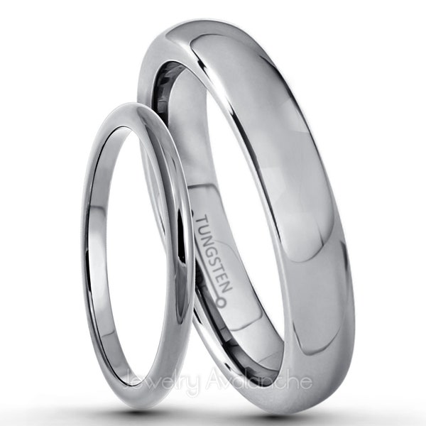 Tungsten Wedding Band Set, 2mm & 4mm Classic Dome Tungsten Carbide Bride and Groom Wedding Rings, Matching Anniversary Rings TN081-015