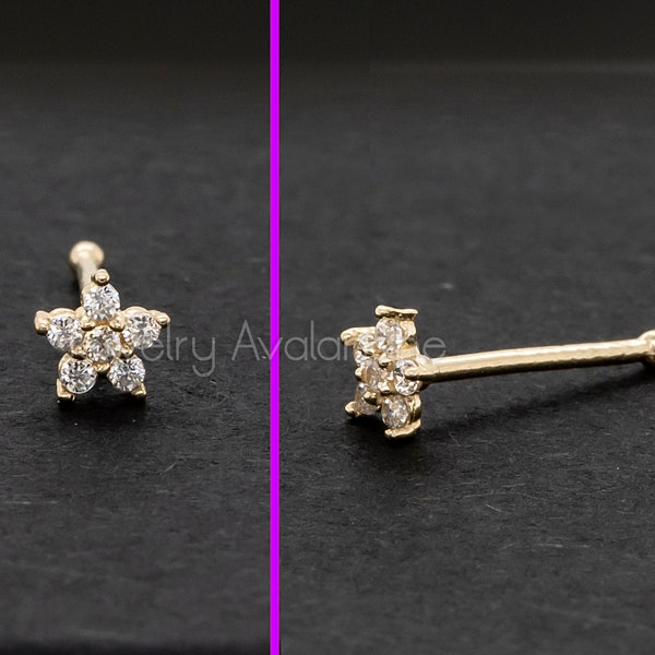 Solid 14kt Yellow Gold Flower Nose Bone Stud with Prong Set CZ, 22G Ball End Nose Stud, Star Nose Ring, Unisex Nose Piercing Jewelry