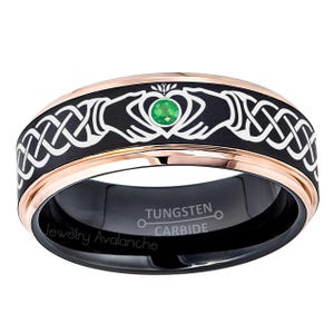 2-Tone Claddagh Tungsten Ring, Celtic Tungsten Wedding Band, Tungsten Carbide Band, 0.07ct Men&#39;s Emerald Ring, Anniversary Ring