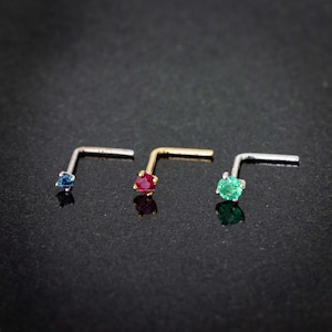 22G 14Kt ゴールド L 字型ノーズスタッド、誕生石をお選びいただけます - パーソナライズされた宝石ノーズスタッド - 14Kt ホワイトゴールドまたはイエローゴールド製