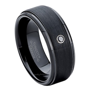 Mens Black Diamond Band, 8MM Black Tungsten Carbide Ring, Wedding Band for Men, Tungsten Diamond Ring, Elegant Anniversary Ring