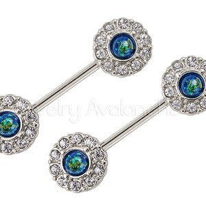1-Pair 14G Opal Nipple Barbell Ring, Halo CZ Opalite Nipple Jewelry, Nipple Barbell Ring, Screw-on 316L Surgical Steel, Body Jewelry image 5