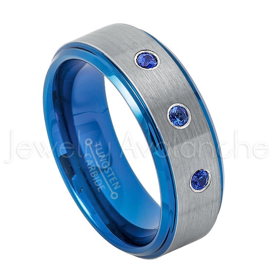 0.21ctw Blue Sapphire 3-Stone Tungsten Ring Brushed Finish Blue IP Comfort Fit 2-Tone Tungsten Wedding Ring TN744BS September Birthstone