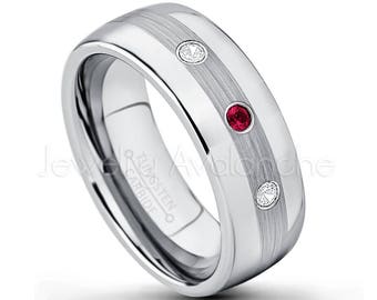 Men's Comfort Fit Dome Tungsten Ring - Custom Made Birthstone Ring - 0.21ctw 3-Stone Gemstone & Diamond Tungsten Wedding Band TN022BS