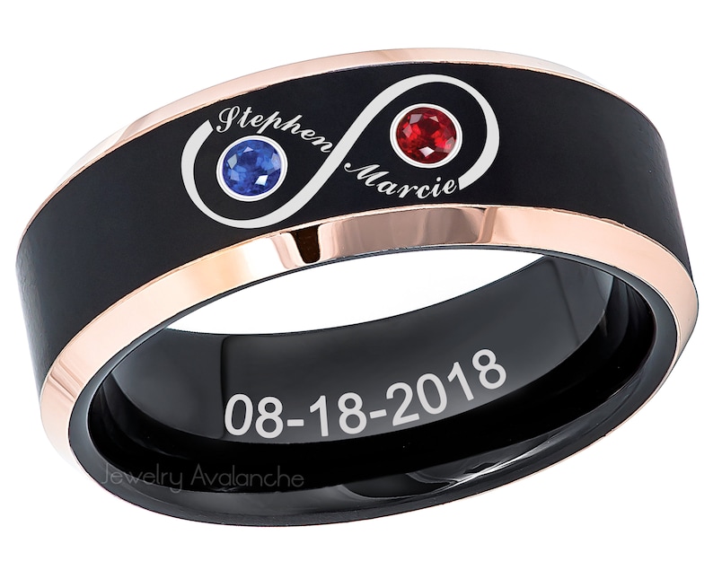 Black and Rose Gold IP Tungsten Carbide Ring TN781BS Personalized Tungsten Wedding Band Infinity Symbol with Names /& Birthstones