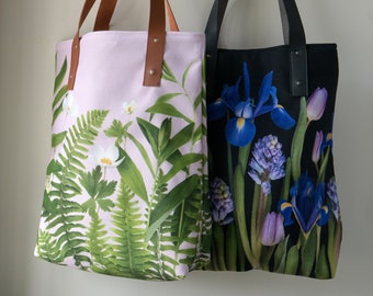 Floral Tote Bag ~ carry-all bag ~ purse ~ shopper ~ pink and green  ~ iris flowers