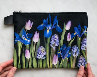 Botanical Bag ~ Iris, tulip, hyacinth ~ Zipper carry all ~ pouch ~ makeup case ~ ipad mini case