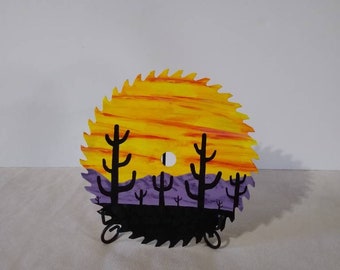 Sawblade acrylic painting desert landscape cactus cacti sunset mountains