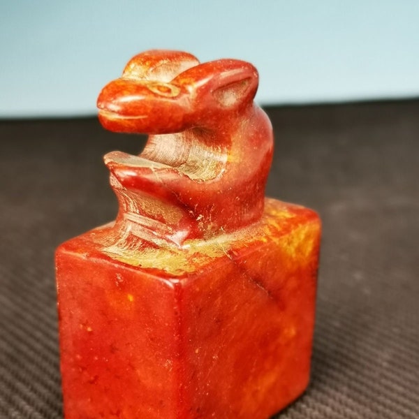 Old Hardjade Hand-carved Symbol Of Power Seal, Brown To Orage Snake Head, Jade, Mid Century, Letters, Clay Seal, Pics